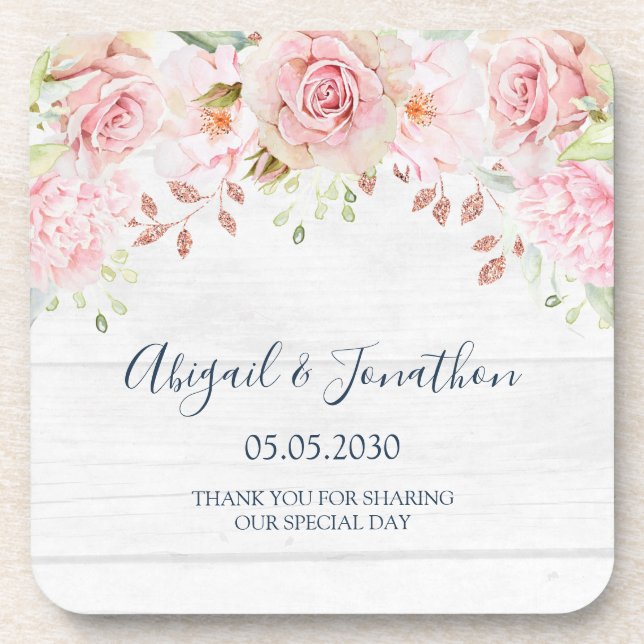 Vintage Pink Floral Spring Wedding Coaster (Front)