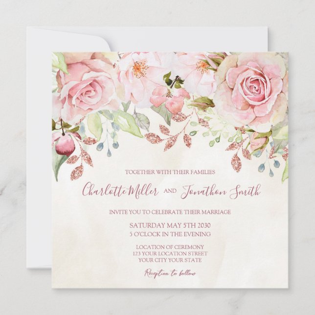 Vintage Pink Floral Spring Wedding Invitations (Front)