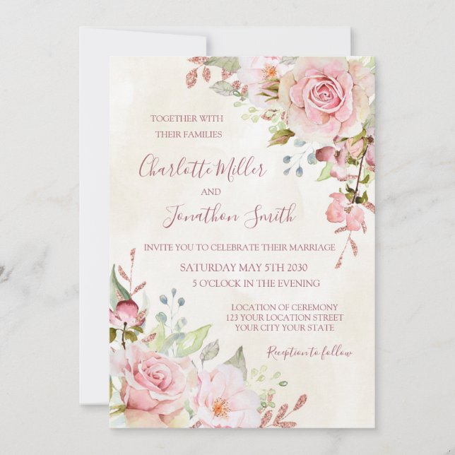 Vintage Pink Floral Spring Wedding Invitations (Front)