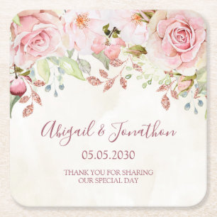 Vintage Pink Floral Spring Wedding Square Paper Coaster