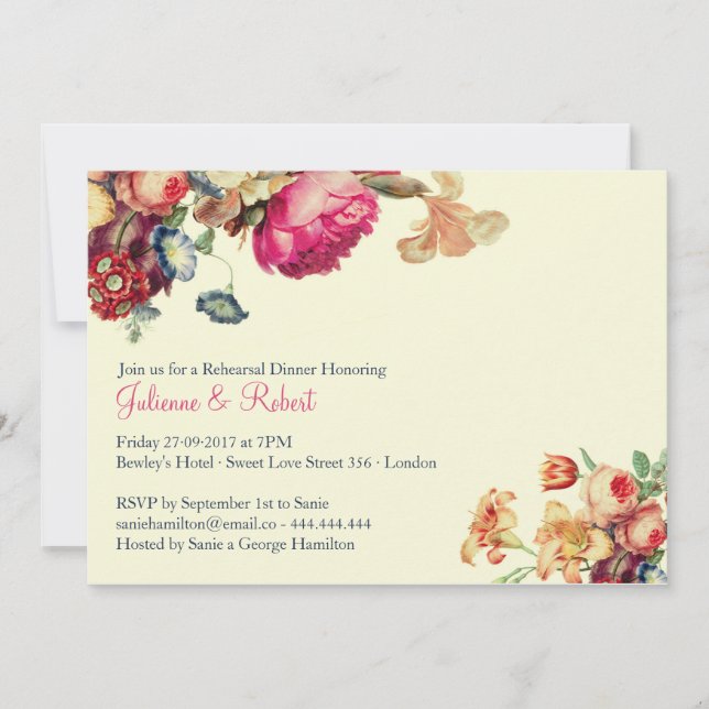 Vintage Pink Floral Wedding Rehearsal Dinner Invitation (Front)