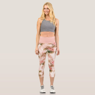 Vintage Pink Floral Yoga Exercise Capri Leggings