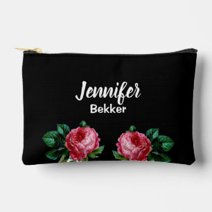 Vintage pink flower custom name black accessory pouch