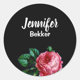 Vintage pink flower custom name black classic round sticker