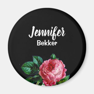 Vintage pink flower custom name black magnet