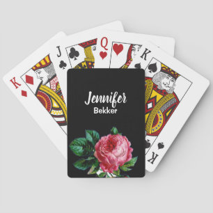 Vintage pink flower custom name black playing cards