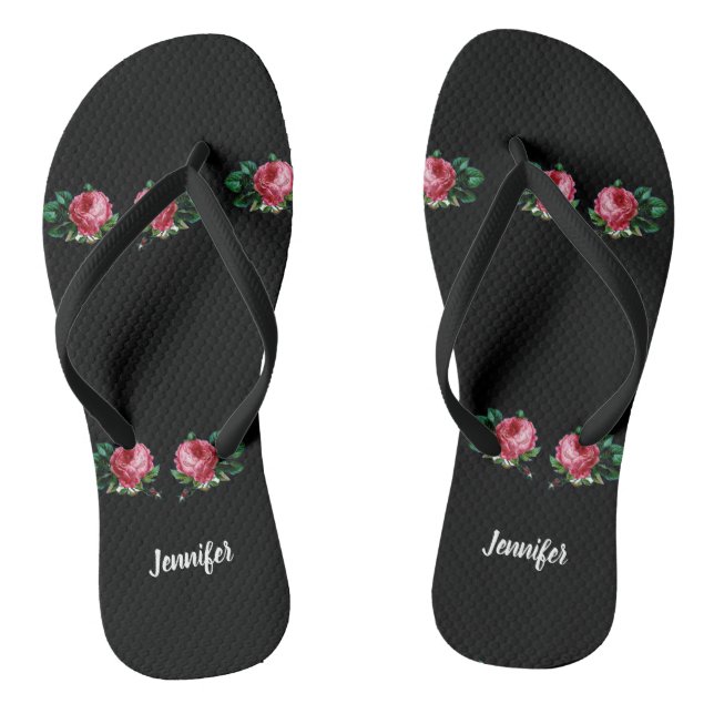 Vintage pink flower custom name black thongs (Footbed)