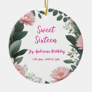 vintage pink flower green eucalyptus 16th birthday ceramic ornament