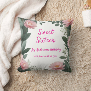 vintage pink flower green eucalyptus 16th birthday cushion