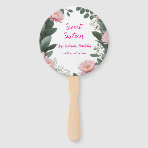 vintage pink flower green eucalyptus 16th birthday hand fan
