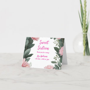 vintage pink flower green eucalyptus 16th birthday thank you card