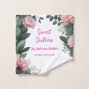 vintage pink flower green eucalyptus 16th birthday wash cloth