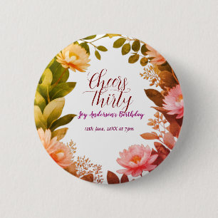 vintage pink flower green eucalyptus 30th birthday 6 cm round badge