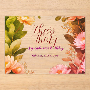 vintage pink flower green eucalyptus 30th birthday acrylic invitations