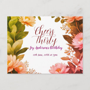 vintage pink flower green eucalyptus 30th birthday postcard