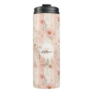 Vintage Pink Flower on Striped Pink Background (1) Thermal Tumbler