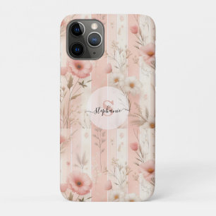 Vintage Pink Flower on Striped Pink Background iPhone 11 Pro Case