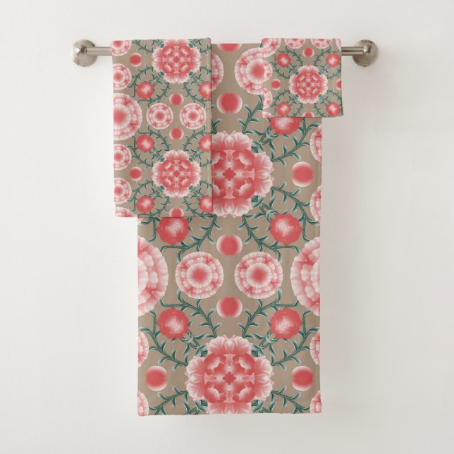 Vintage Pink Flower Plant Pattern Bath Towel Set (Insitu)