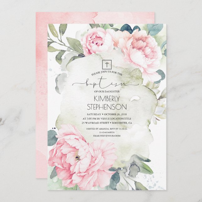 Vintage Pink Flowers and Greenery Baptism Invitation (Front/Back)
