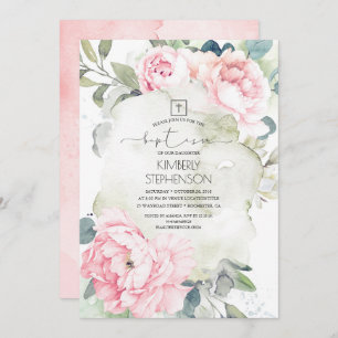 Vintage Pink Flowers and Greenery Baptism Invitation