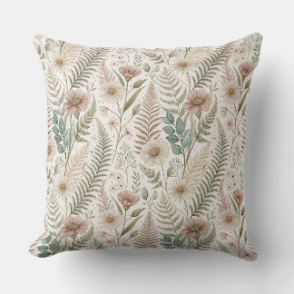 Vintage Pink Flowers & Botanical Ferns Pattern Art Cushion