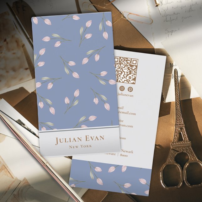 Vintage Pink flowers Dusty Blue Business Card (Creator Uploaded)