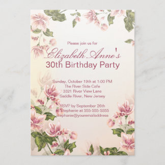 Vintage Pink Flowers Floral Birthday Party Invitation