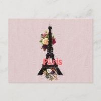 Vintage Pink Flowers French Paris Eiffel Tower