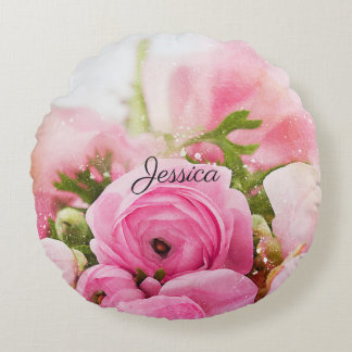 Vintage Pink Flowers with Your Name Round Cushion