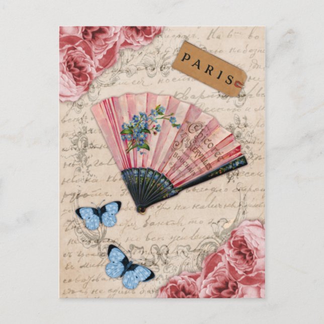 Vintage Pink French Fan Postcard (Front)