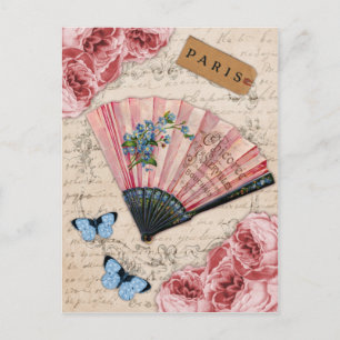Vintage Pink French Fan Postcard