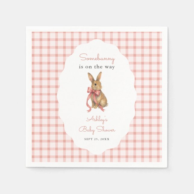 Vintage Pink Gingham Bunny Girl Baby Shower Napkin (Front)