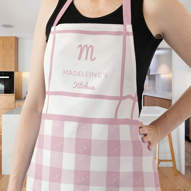 Vintage Pink Gingham Monogram Mum Grandma Gift Apron (gingham pink apron personalized gift mom grandma bride hostess thanksgiving christmas birthday chef)