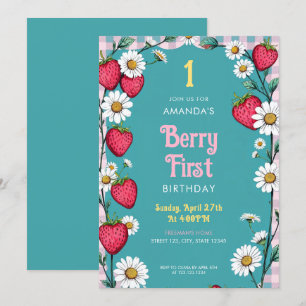 Vintage Pink Gingham & Strawberries 1st Birthday Invitation