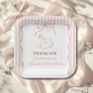 Vintage Pink Girl Rocking Horse Baby Shower Paper Plate