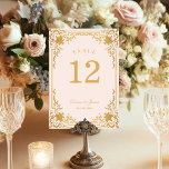 Vintage Pink Gold Antique Ornate Elegant Wedding  Table Number<br><div class="desc">This blush pink and gold elegant wedding table number, with a vintage air, has a vintage golden frame with baroque faux gold decorations on a blush pink background. The names are written in an elegant calligraphic script. All text can be personalised and has a golden colour similar to the faux...</div>