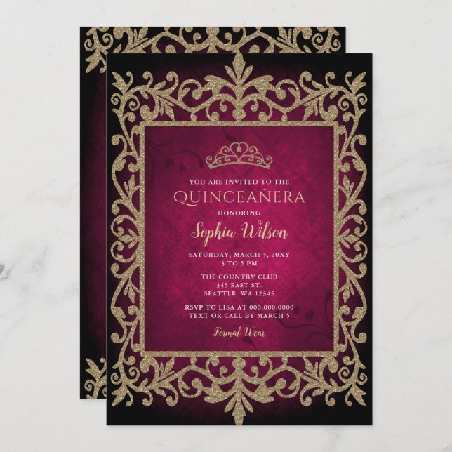Vintage Pink Gold Princess Tiara Quinceañera   Invitation (Front/Back)
