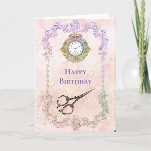 Vintage Pink Gold Scissors Glam Birthday Card