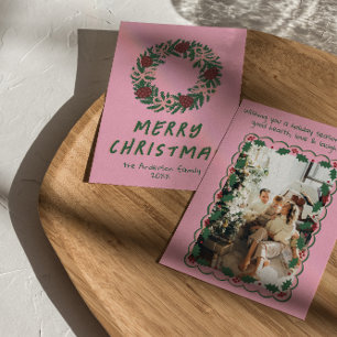 Vintage Pink Green Colorful Bows Wreath Christmas  Holiday Card