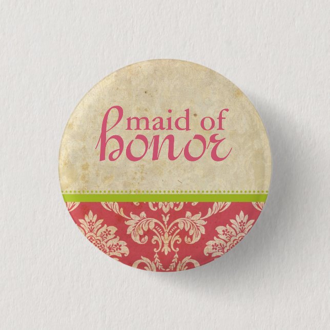 Vintage Pink Green Damask Maid of Honour Button (Front)