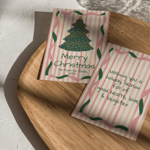 Vintage Pink Green Drawn Christmas Tree Non-Photo Holiday Card