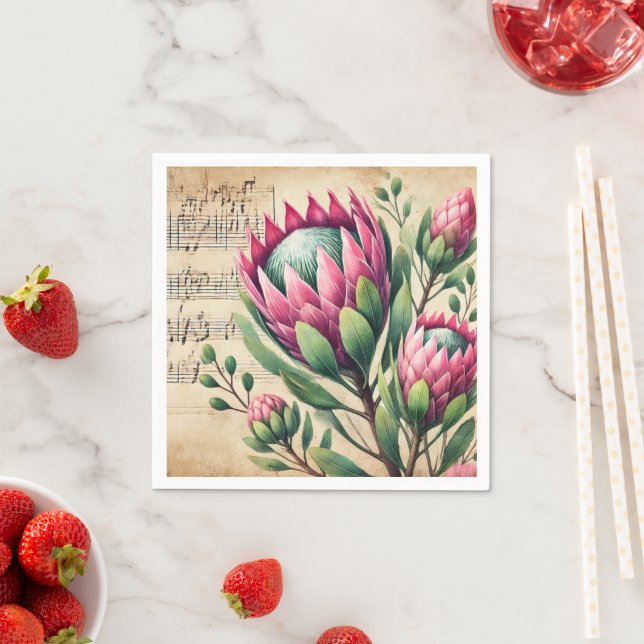 Vintage Pink & Green Watercolour Protea Découpage Napkin (Insitu)