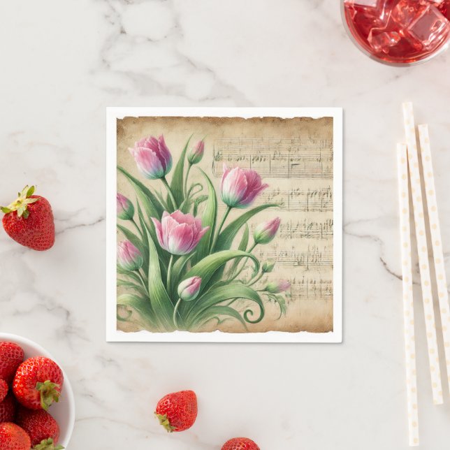 Vintage Pink & Green Watercolour Tulips Découpage Napkin (Insitu)
