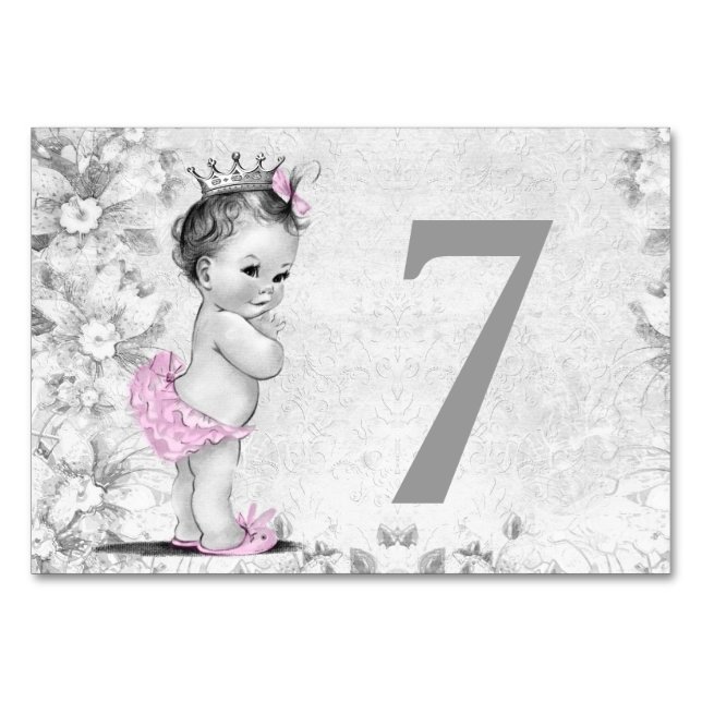 Vintage Pink Grey Baby Shower Table Card (Front)