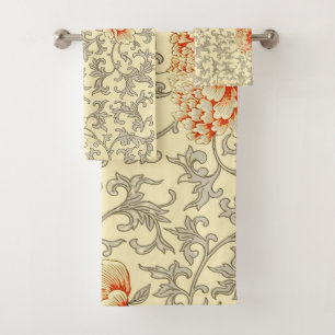 Vintage Pink Grey Botanical Floral Bath Towel Set