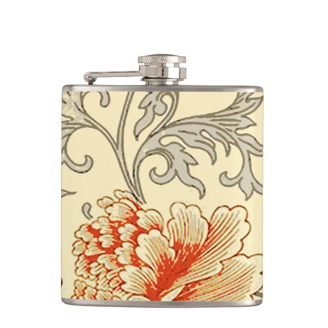 Vintage Pink Grey Botanical Floral Hip Flask (Front)