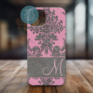 Vintage Pink Grey Damask Pattern Monogram iPhone 15 Pro Case