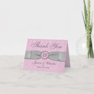 Vintage Pink, Grey Damask Thank You Card