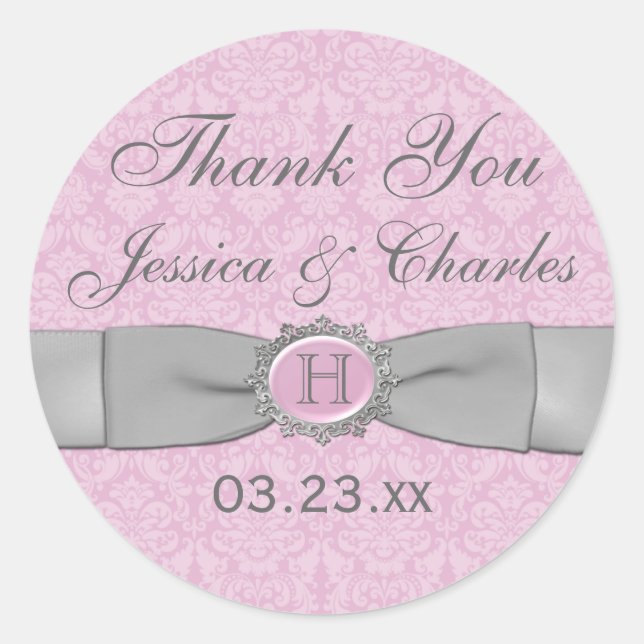 Vintage Pink, Grey Damask Wedding Favour Sticker (Front)