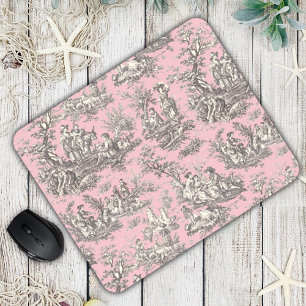 Vintage Pink Grey French Toile de Jouy Pattern Mouse Pad